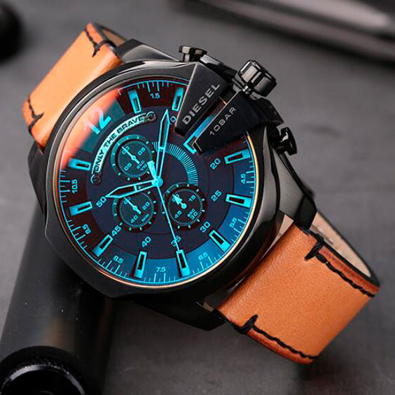 Diesel Mega Chief Chronograph Black Dial Brown Leather Strap Watch For Men - DZ4476