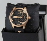 Diesel Mini Daddy Dual Time Black & Gold Dial Black Leather Strap Watch For Men - DZ7317