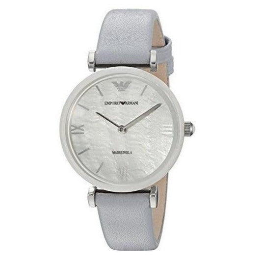 Emporio Armani Gianni T-Bar Mother Of Pearl White Dial Grey Leather Strap Watch For Women - AR11039