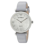 Emporio Armani Gianni T-Bar Mother Of Pearl White Dial Grey Leather Strap Watch For Women - AR11039