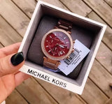 Michael Kors Parker Chronograph Red Dial Rose Gold Steel Strap Watch For Women - MK6106