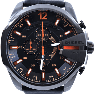 Diesel Mega Chief Chronograph Black Dial Black Leather Strap Watch For Men - DZ4291