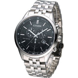 Citizen Eco Drive Chronograph Black Dial Silver Steel Strap Watch For Men - AT2140-55E
