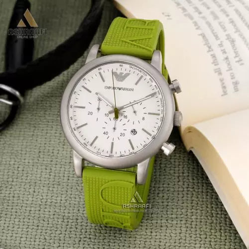 Emporio Armani Chronograph White Dial Green Rubber Strap Watch For Men - AR11022