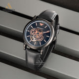 Emporio Armani Luigi Automatic Skeleton Black Dial Black Leather Strap Watch For Men - AR60012