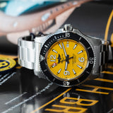 Breitling Superocean Automatic 44mm Yellow Dial Silver Steel Strap Watch for Men - A17375211/1A1