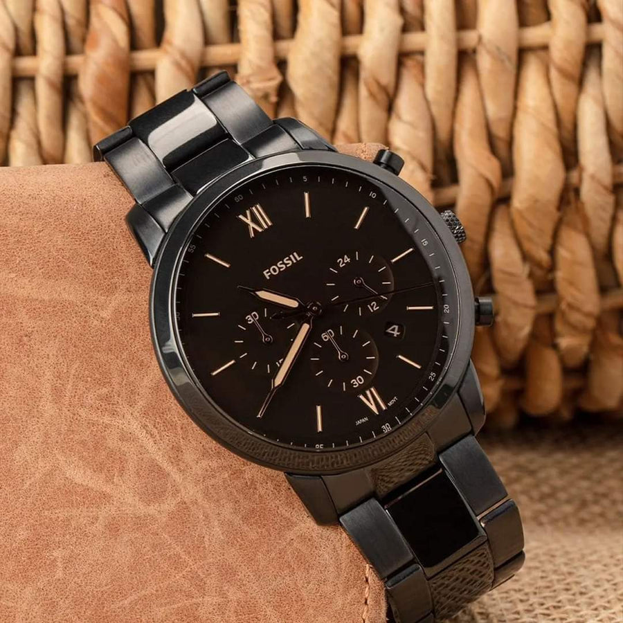Fossil Neutra Chronograph Black Dial Black Steel Strap Watch for Men - FS5525