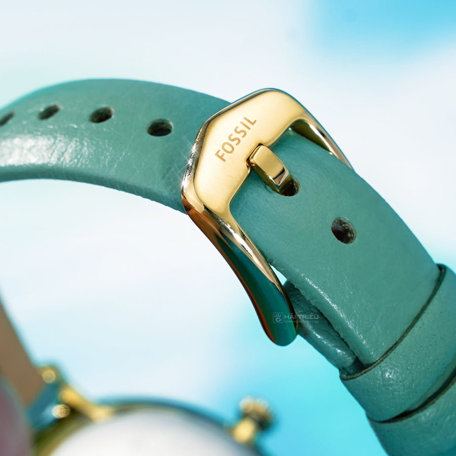 Fossil Jacqueline Analog Moonphase Mother of Pearl White Dial Green Leather Strap Watch for Women - ES5168