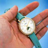 Fossil Jacqueline Analog Moonphase Mother of Pearl White Dial Green Leather Strap Watch for Women - ES5168