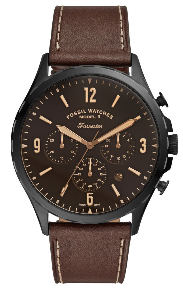 Fossil Forrester Chronograph Black Dial Brown Leather Strap Watch for Men - FS5608