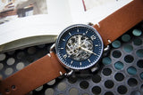 Fossil Commuter Automatic Skeleton Blue Dial Brown Leather Strap Watch for Men - ME3159