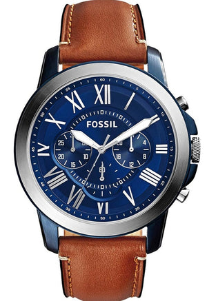 Fossil Grant Chronograph Blue Dial Brown Leather Strap Watch for Men - FS5151