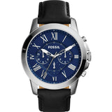 Fossil Grant Chronograph Blue Dial Black Leather Strap Watch for Men - FS4990