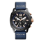 Fossil Modern Machine Chronograph Black Dial Blue Leather Strap Watch for Men - FS5066