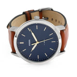 Fossil Minimalist Blue Dial Brown Leather Strap Watch for Men - FS5304