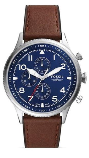 Fossil Retro Pilot Chronograph Blue Dial Brown Leather Strap Watch for Men - FS5832