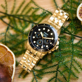 Fossil FS5836r gold watch on green foliage