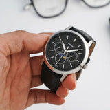 Fossil FS5904 men's watch with black leather strap, close-up