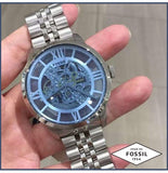 Fossil Townsman Automatic Skeleton Blue Dial Silver Steel Strap Watch for Men - ME3073