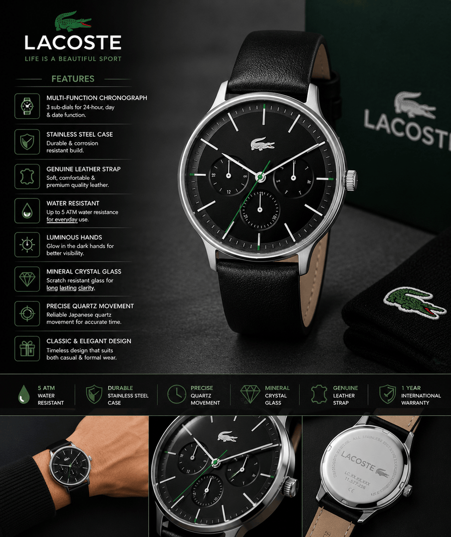 Lacoste Club Multidial Black Dial Black Leather Strap Watch for Men - 2011226