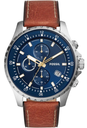 Fossil Dillinger Luggage Chronograph Blue Dial Brown Leather Strap Watch for Men - FS5675