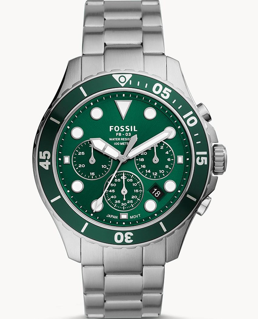 Fossil FB-03 Chronograph Green Dial Silver Steel Strap Watch for Men - FS5726