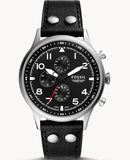 Fossil Retro Pilot Chronograph Black Dial Black Leather Strap Watch for Men - FS5806