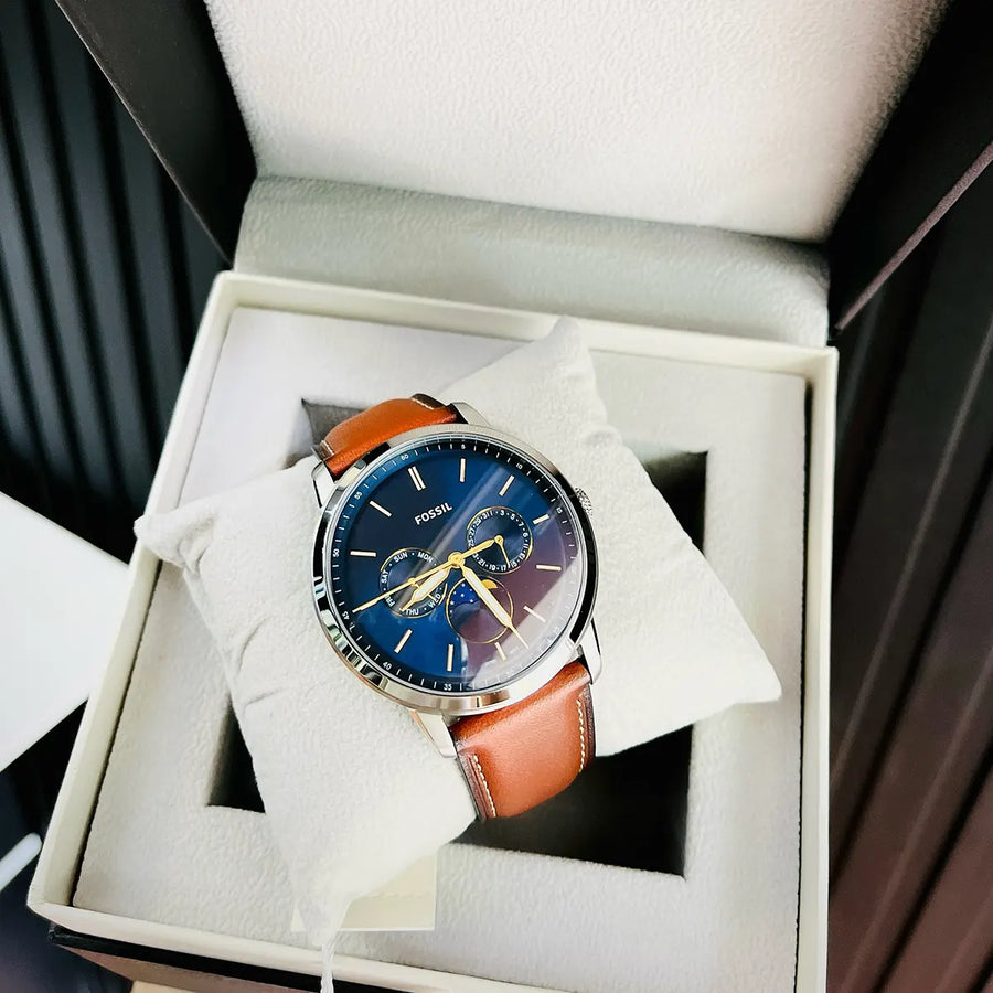 Fossil FS5903 men's watch with blue dial and brown leather strap in box