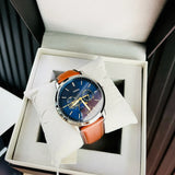 Fossil FS5903 men's watch with blue dial and brown leather strap in box