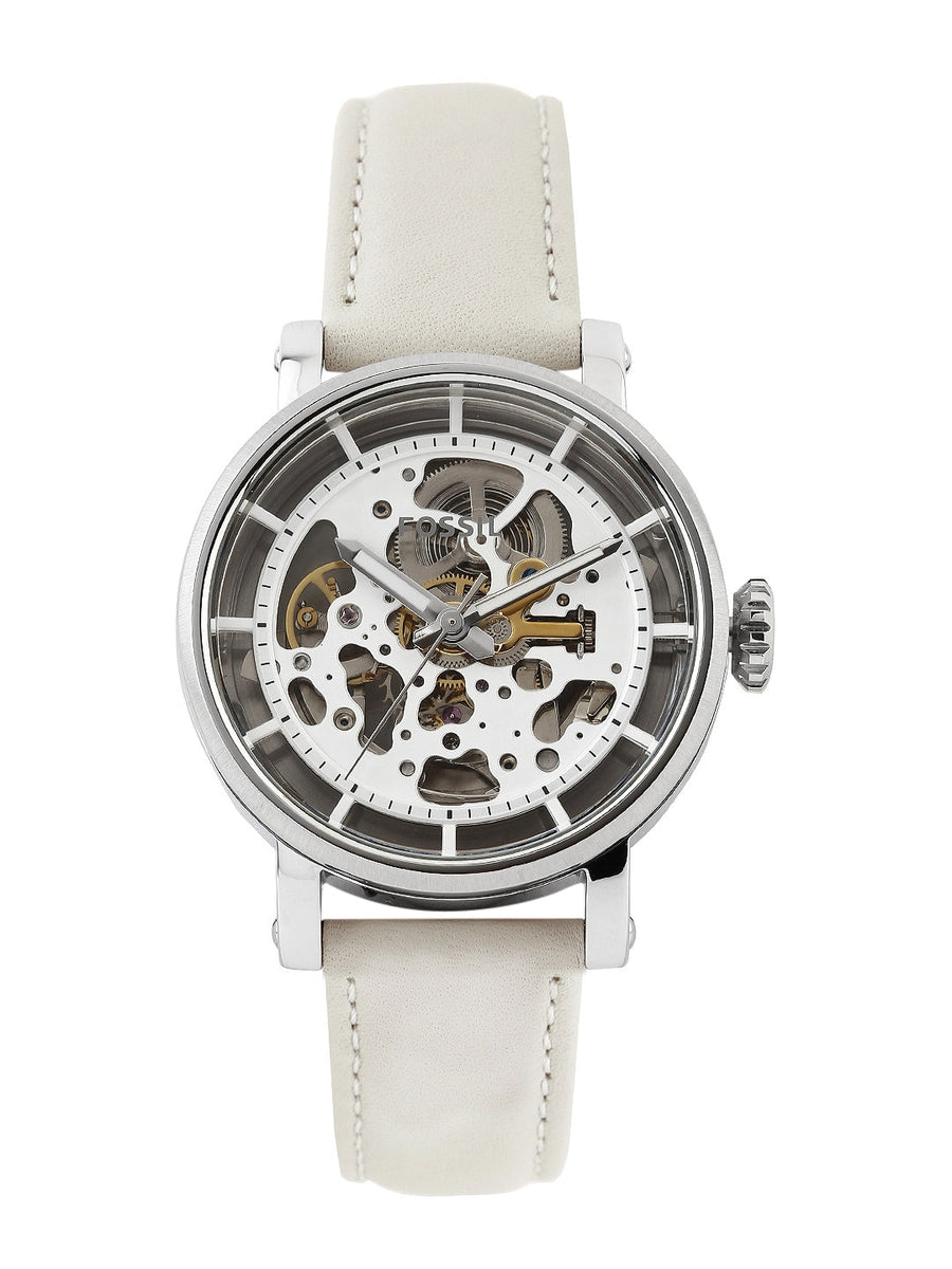 Fossil Boyfriend Automatic Skeleton Silver Dial White Leather Strap Watch for Women - ME3069