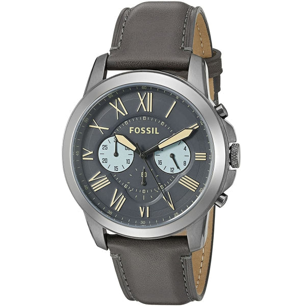 Fossil Grant Chronograph Gunmetal Grey Dial Grey Leather Strap Watch for Men - FS5183