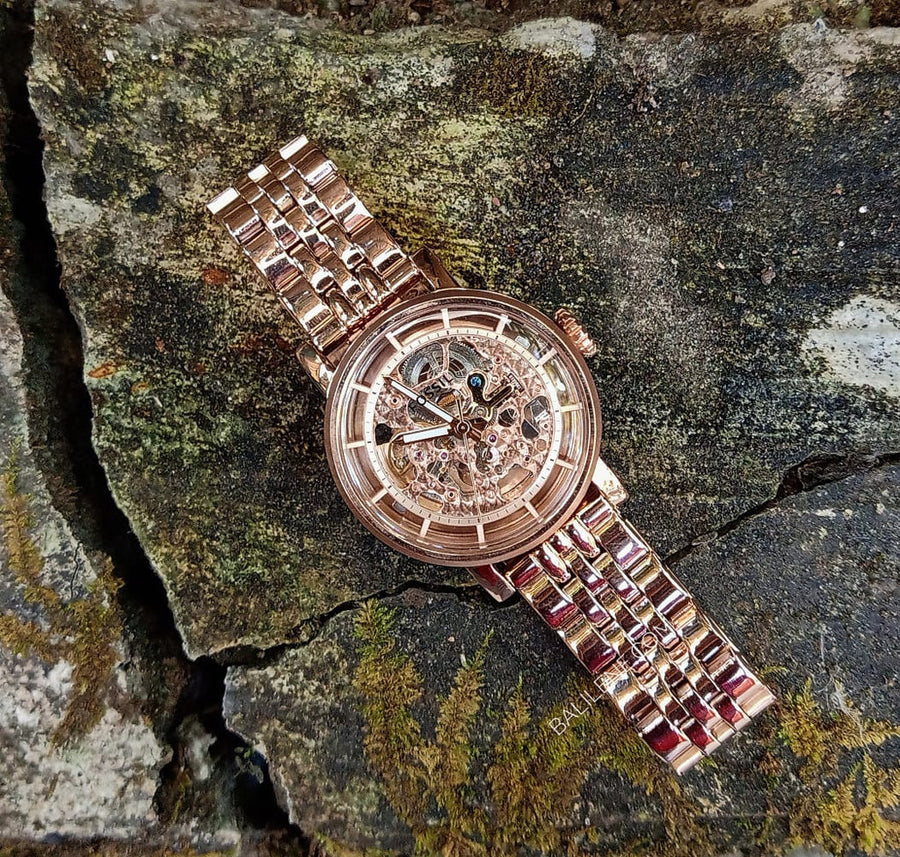 Fossil Boyfriend Automatic Skeleton Rose Gold Dial Rose Gold Steel Strap Watch for Women - ME3065