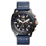 Fossil Modern Machine Chronograph Black Dial Blue Leather Strap Watch for Men - FS5066