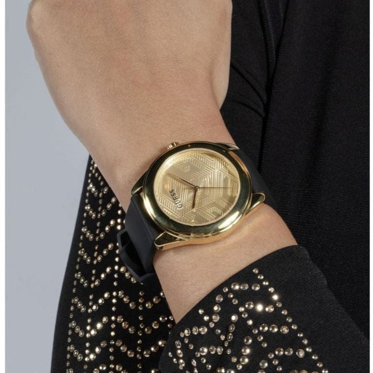Guess Cubed Analog Gold Dial Black Silicone Strap Watch For Women - GW0665L1
