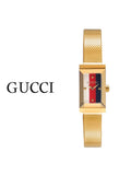 Gucci G Frame Quartz Diamonds White Red Blue Dial Gold Mesh Bracelet Watch For Women - YA147511