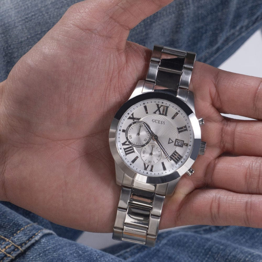 Guess Atlas Chronograph Silver Dial Silver Steel Strap Watch For Men - W0668G7