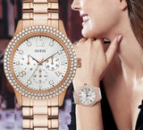 Guess Bedazzle Diamonds Silver Dial Rose Gold Steel Strap Watch For Women - W1097L3