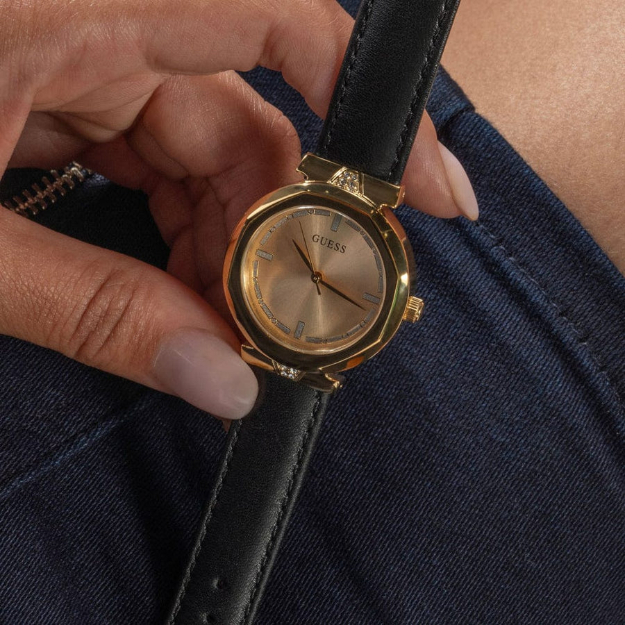 Guess Rumour Quartz Gold Dial Black Leather Strap Watch For Women - GW0689L2