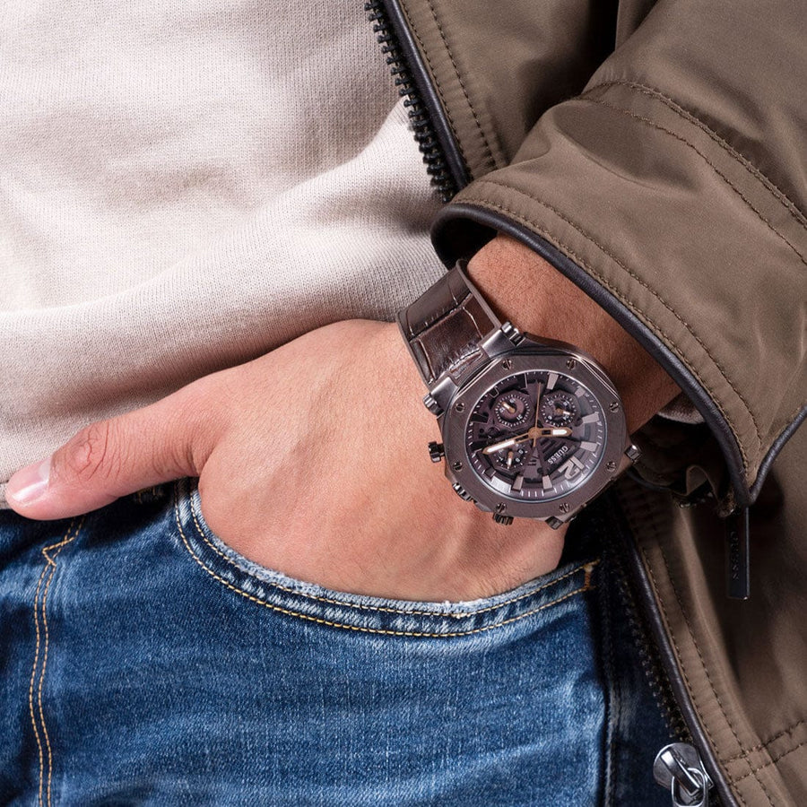 Guess Edge Chronograph Brown Dial Brown Leather Strap Watch For Men - GW0492G2
