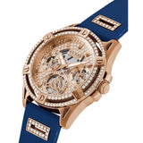 Guess Queen Quartz Crystals Rose Gold Dial Blue Silicone Strap Watch For Women - GW0536L5