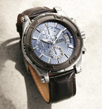 Guess Pinnacle Chronograph Quartz Blue Dial Brown Leather Strap Watch For Men - W0673G1