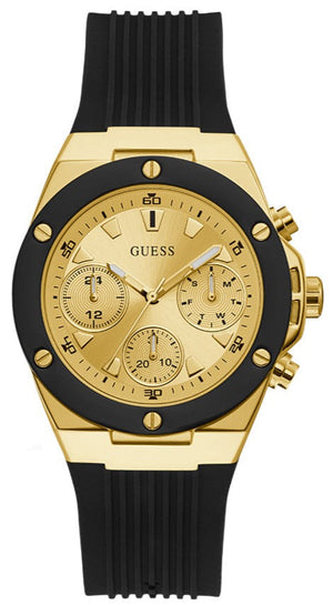 Guess Athena Gold Dial Black Rubber Strap Watch For Women - GW0030L2