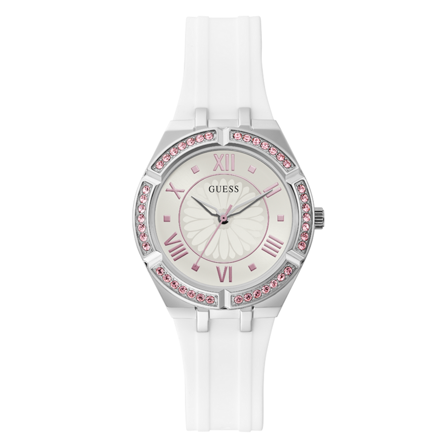 Guess Sparkling Silver Dial White Rubber Strap Watch For Women - GW0032L1