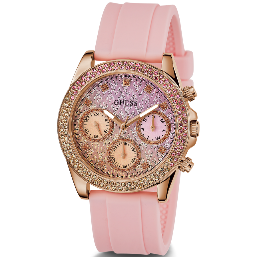 Guess Sparkling Chronograph Crystals Pink Dial Pink Silicone Strap Watch For Women - GW0032L4