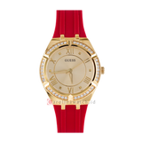 Guess Cosmo Diamonds Gold Dial Red Rubber Strap Watch for Women - GW0034L6