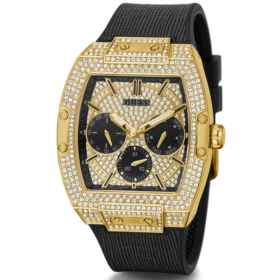 Guess Phoenix Multifunction Crystals Gold Dial Black Silicone Strap Watch For Men - GW0048G2