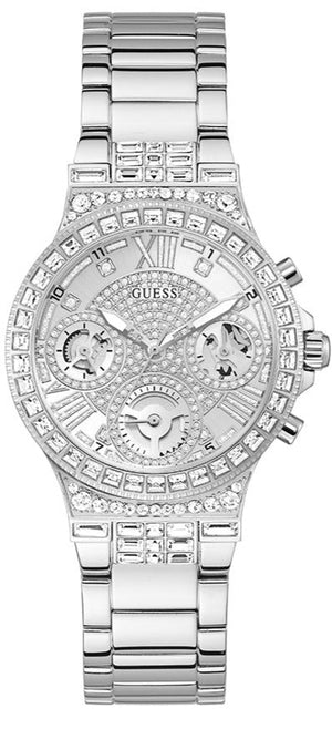 Guess Moonlight Multi Function Diamonds Silver Dial Silver Steel Strap Watch for Women - GW0320L1