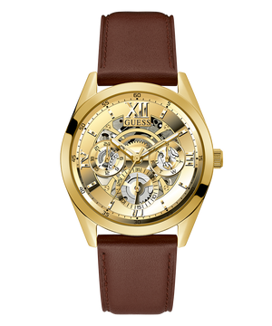 Guess Multifunction Chronograph Gold Dial Brown Leather Strap Watch For Men - GW0389G5