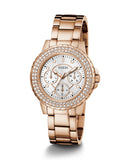 Guess Crown Jewel Multifunction Diamonds White Dial Rose Gold Steel Strap Watch For Women - GW0410L3