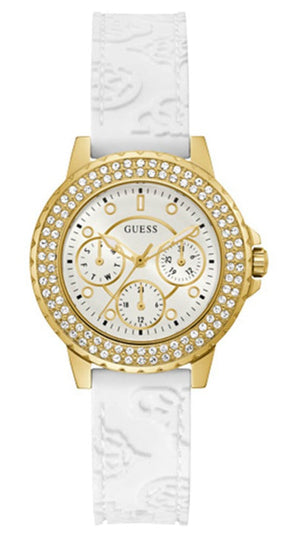 Guess Crown Jewel Multifunction Diamonds White Dial White Leather Strap Watch for Women - GW0411L1